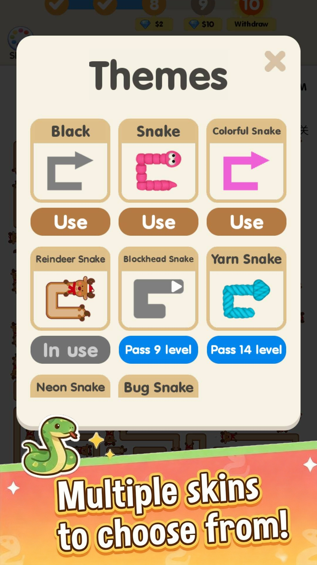 Arrow Burst themes screen: multiple snake skins to choose from